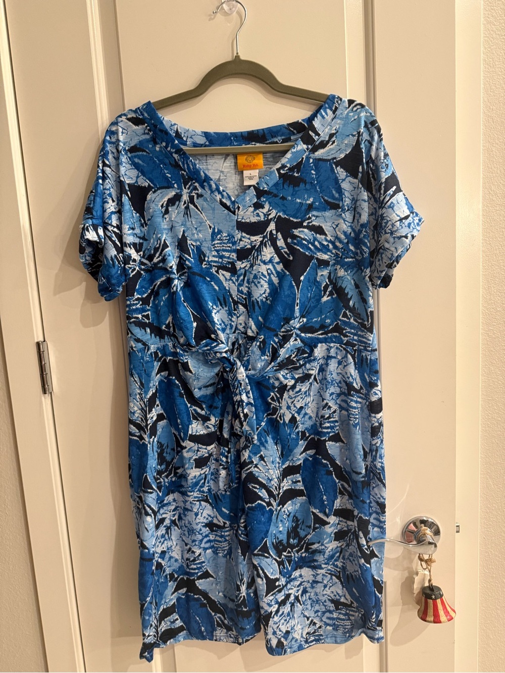 Ruby Rd. Blue Leaf-Print Tie-Front Midi Dress